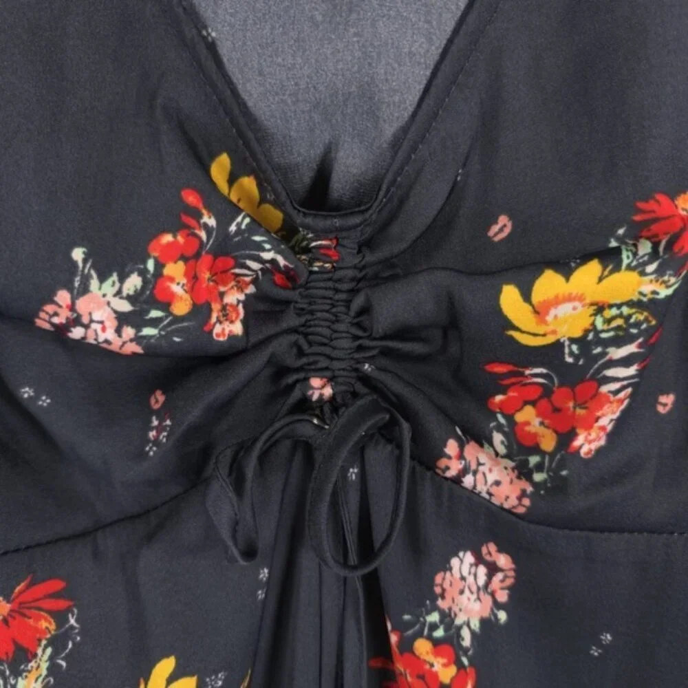 Free People Mini Dress Floral LS Slit Cuffs Tie Vneck Flare Silky Midnight LARGE